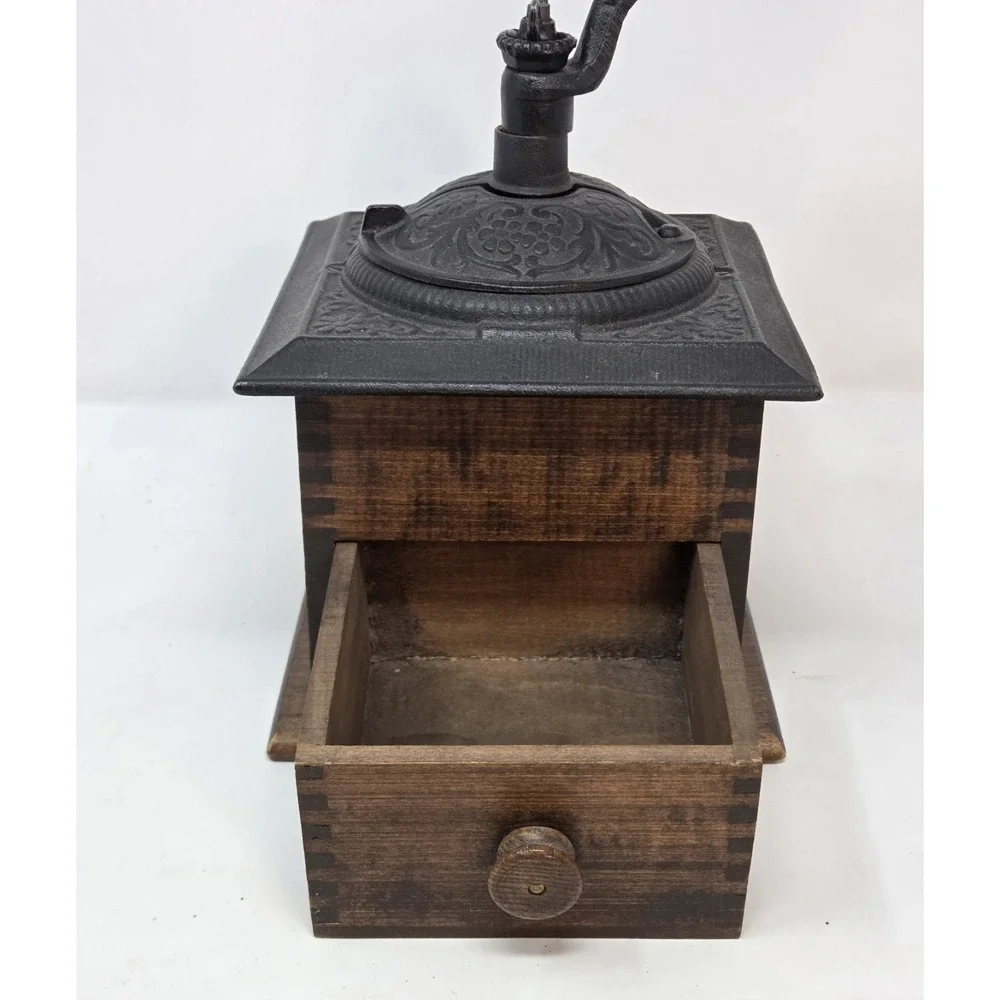 VINTAGE COFFEE GRINDER DOVETAIL WOOD WITH DRAWER & ORNATE CAST IRON TOP